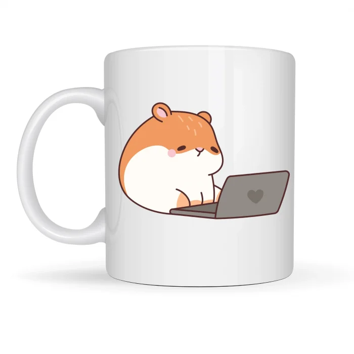 BUĞZ Laptoplu Hamster Desenli Porselen Kupa MODEL 112 – Sevimli Çalışkan Hamster Tasarımlı Kahve Kupası , Ofis & Ev İçin Tatlı Hediye