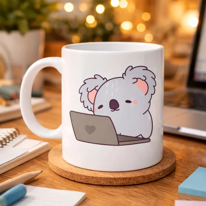 BUĞZ Laptoplu Koala Desenli Porselen Kupa MODEL 111 – Sevimli Ofis Kupası , Çalışanlara Özel Tatlı Hediye