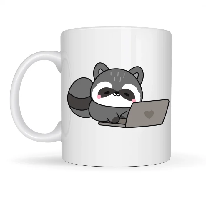 BUĞZ Laptoplu Sevimli Rakun Desenli Porselen Kupa MODEL 114 – Ofis İçin Eğlenceli Kahve Kupası , Çalışanlara Özel Tatlı Hediye