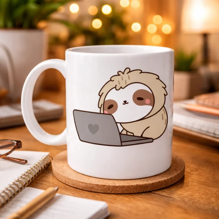 BUĞZ Laptoplu Tembel Hayvan Desenli Porselen Kupa MODEL 109 – Sevimli Sloth Tasarımlı Kahve Kupası , Ofis & Ev İçin Eğlenceli Hediye
