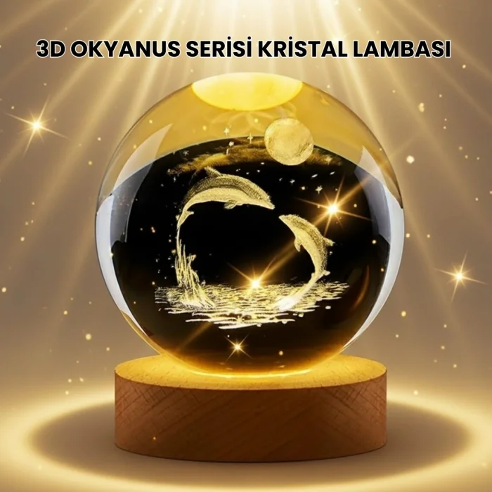 BUĞZ Lazer İşlemeli Yunus Kristal Küre Sıcak Işıklı Ahşap Standlı