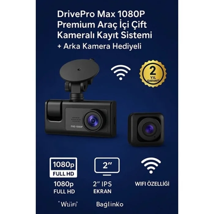 BUĞZ LCD Ekranlı 1080p 3 Kameralı Araç İçi Kamera Geri Görüş Destekli Gece Görüşlü G Sensörlü