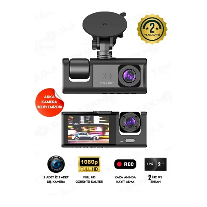 BUĞZ LCD Ekranlı 3 Kameralı Dash Cam Araç İçi Yol Kayıt Kamerası Gece Görüşlü G Sensörlü