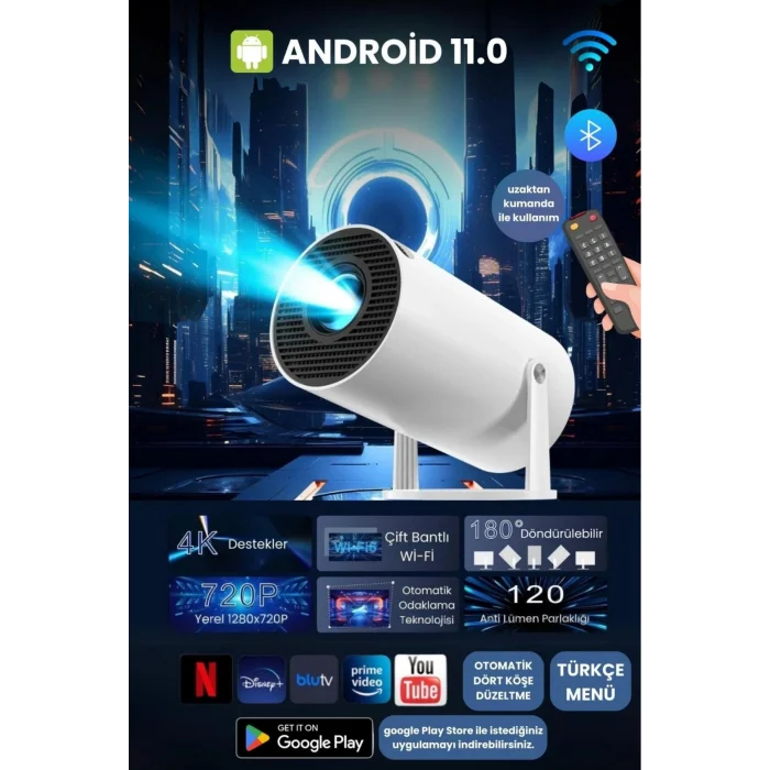 BUĞZ LCD FULL HD 1280x720 çözünürlük, 2.69 inç ekran, siyah taşınabilir Android projektör