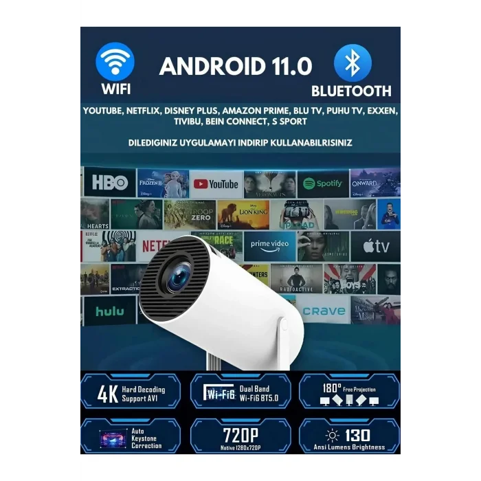 BUĞZ LED FULL HD projeksiyon cihazı 1920x1080 çözünürlük Bluetooth Android beyaz USB HDMI