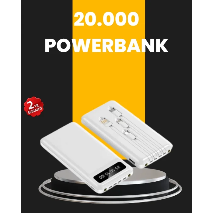  LED Işıklı 20.000mAh Powerbank LCD Gösterge Dahili Çoklu Kablo