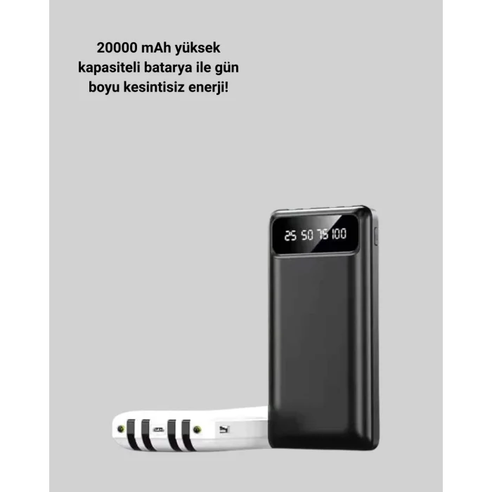 BUĞZ LED Işıklı 20.000mAh Powerbank LCD Gösterge Dahili Çoklu Kablo Yeni Nesil - BUĞZ