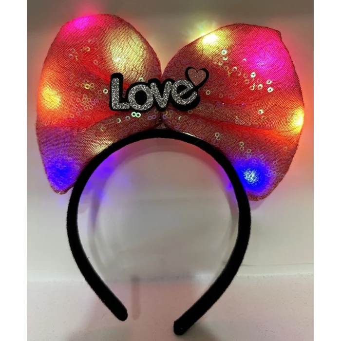BUĞZ Led Işıklı 3 Farklı Fonksiyonda Yanan Gümüş Love Yazılı Fuşya Pembe Fiyonk Taç 20X17 cm