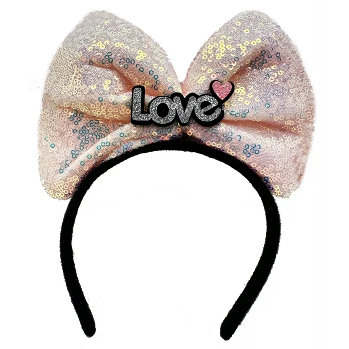 BUĞZ Led Işıklı 3 Farklı Fonksiyonda Yanan Gümüş Love Yazılı Toz Pembe Fiyonk Taç 20x17 Cm