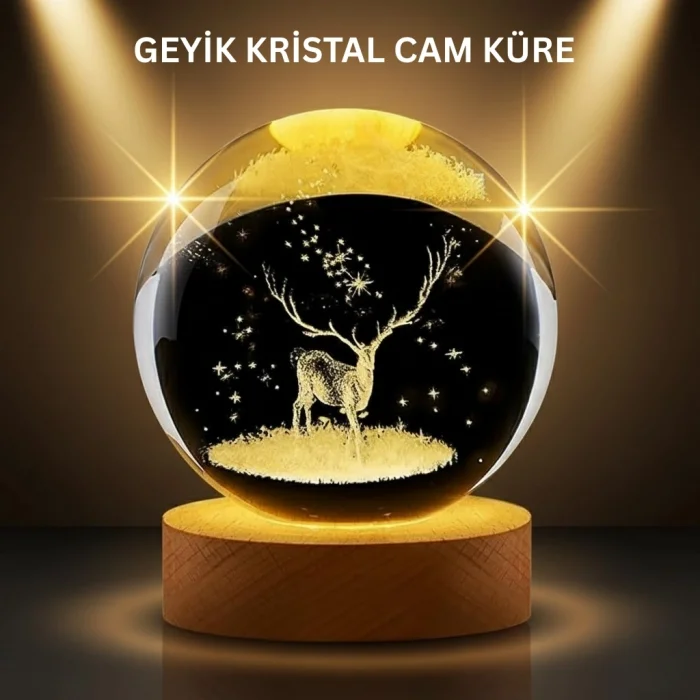 BUĞZ LED Işıklı Geyikli Kristal Küre Ahşap Standlı Modern Dekor Lamba