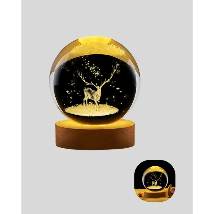 BUĞZ LED Işıklı Geyikli Kristal Küre Ahşap Standlı Modern Dekor Lamba