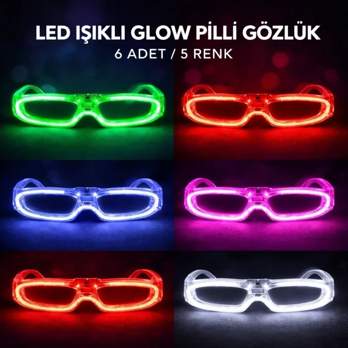 BUĞZ Led Işıklı Glow Pilli Parti Gözlüğü - Glow Efektli 6 Adet 5 Renk