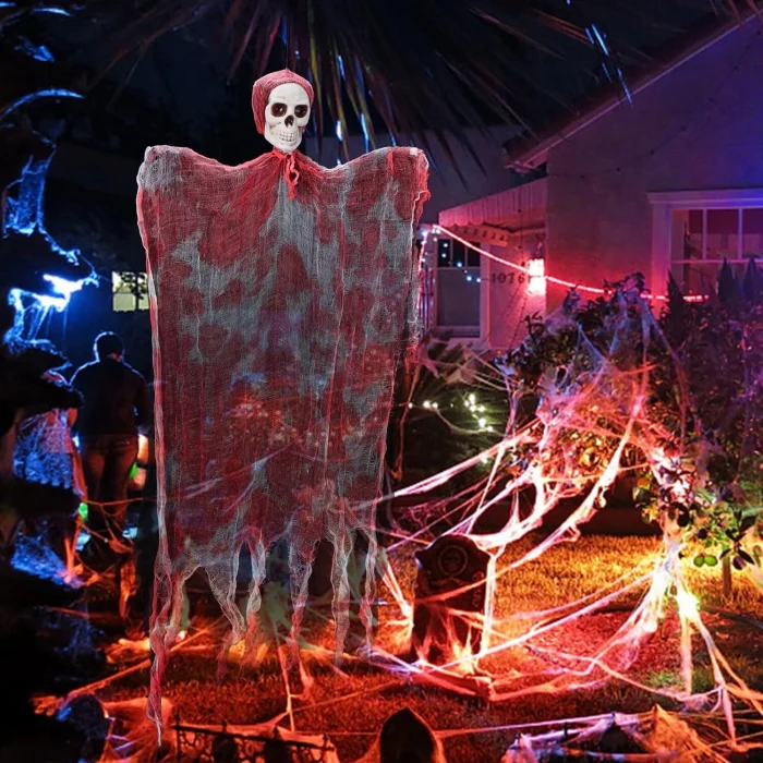 BUĞZ Led Işıklı Kahkaha Atan Sesli Sensörlü Ürpertici Kuru Kafa Kanlı Korku Hayalet Saçaklı Dekor 90x50 cm