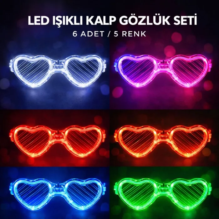 BUĞZ LED Işıklı Kalp Glow Pilli Parti Gözlüğü – 6 Adet / 5 Renk Set