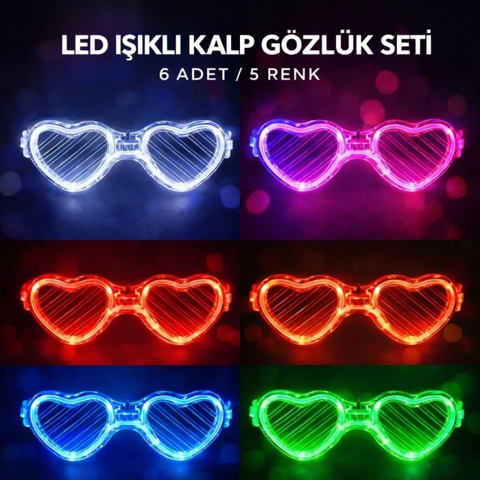 BUĞZ LED Işıklı Kalp Glow Pilli Parti Gözlüğü – 6 Adet / 5 Renk Set