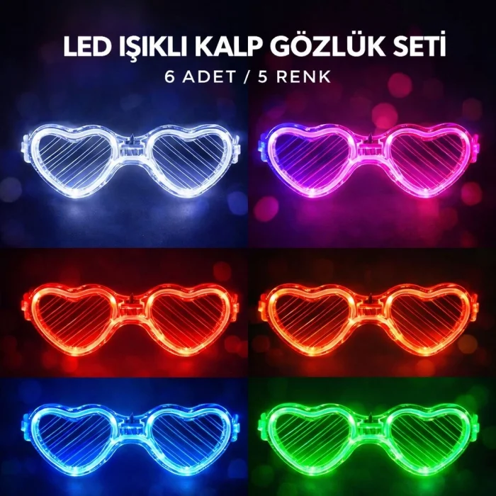 BUĞZ LED Işıklı Kalp Glow Pilli Parti Gözlüğü – 6 Adet / 5 Renk Set