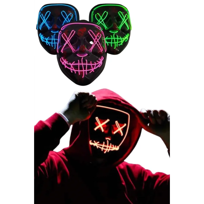 BUĞZ Led Işıklı Neon Maske Cadılar Bayramı Maskesi Korkunç Korku Maskesi