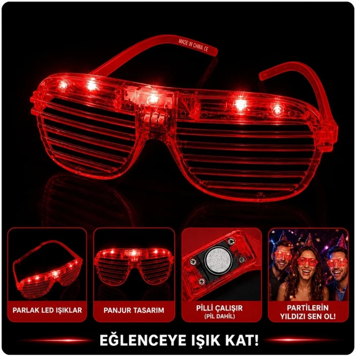 BUĞZ Led Işıklı Panjur Parti Gözlüğü Kırmızı Renk Shutter Gözlük