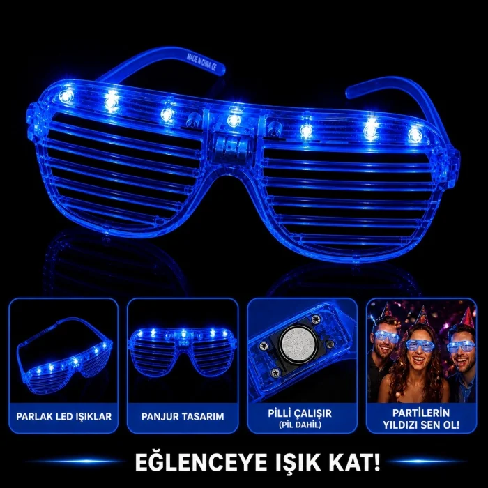 BUĞZ LED Işıklı Panjur Parti Gözlüğü Mavi Renk Shutter Gözlük