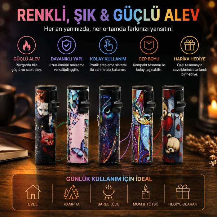 BUĞZ LED Işıklı Rüzgar Çakmağı - Karışık Desenli - İpli