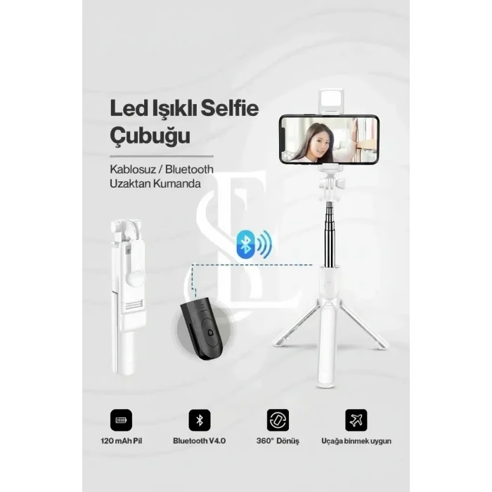 BUĞZ Led Işıklı Selfie Çubuğu Bluetooth Kumandalı Kablosuz Tripot Selfie Monopod Selfie Stick (Beyaz) ( BUĞZ )