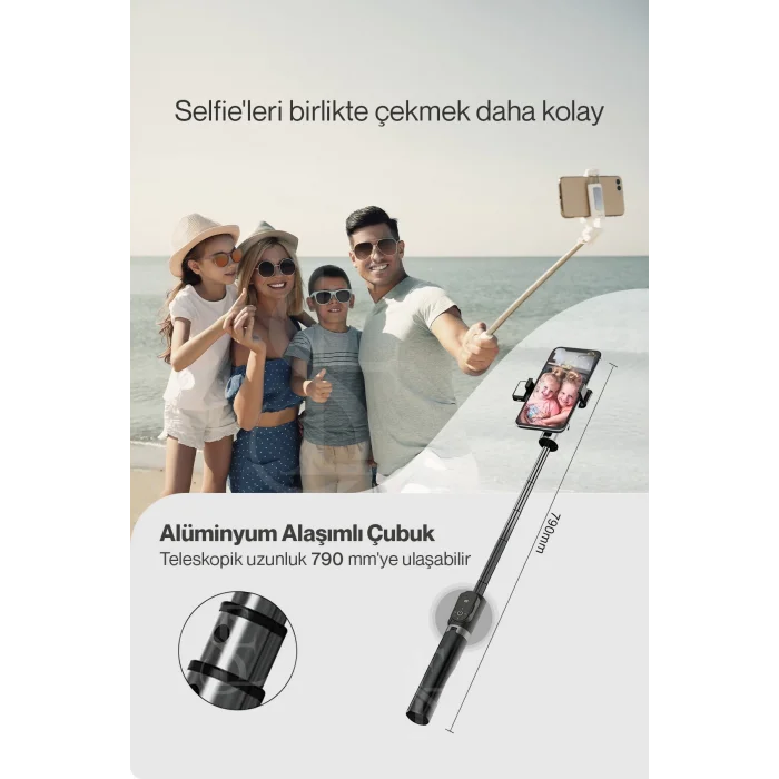 BUĞZ Led Işıklı Selfie Çubuğu Bluetooth Kumandalı Kablosuz Tripot Selfie Monopod Selfie Stick (Beyaz) ( BUĞZ )