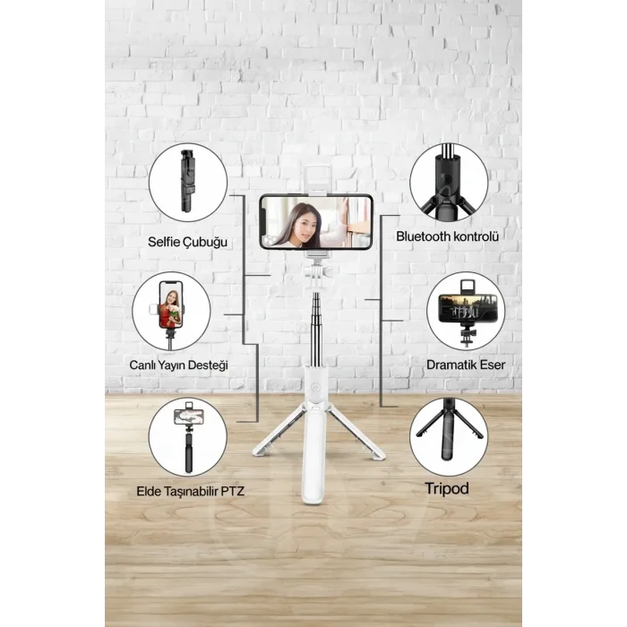 BUĞZ Led Işıklı Selfie Çubuğu Bluetooth Kumandalı Kablosuz Tripot Selfie Monopod Selfie Stick (Beyaz) ( BUĞZ )