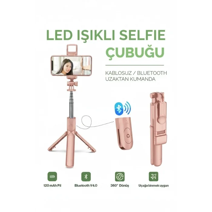 BUĞZ Led Işıklı Selfie Çubuğu Bluetooth Kumandalı Kablosuz Tripot Selfie Monopod Selfie Stick (Pembe)