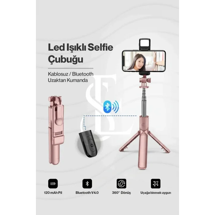 BUĞZ Led Işıklı Selfie Çubuğu Bluetooth Kumandalı Kablosuz Tripot Selfie Monopod Selfie Stick (Pembe) ( BUĞZ )