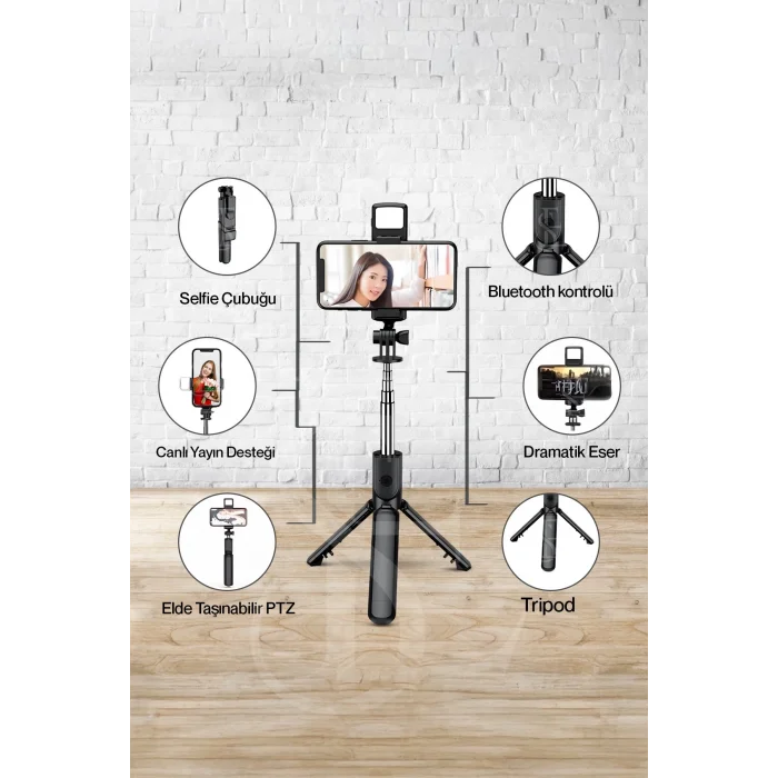 BUĞZ Led Işıklı Selfie Çubuğu Bluetooth Kumandalı Kablosuz Tripot Selfie Monopod Selfie Stick (Pembe) ( BUĞZ )