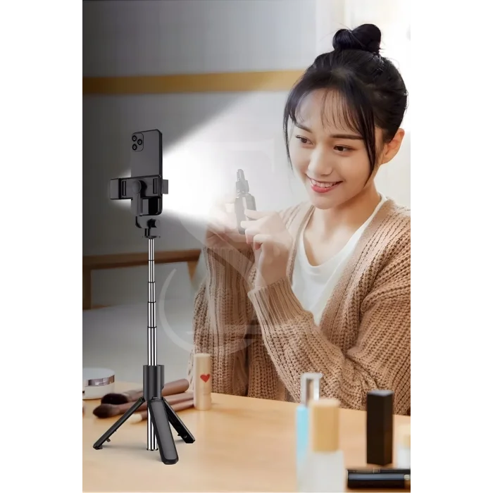 BUĞZ Led Işıklı Selfie Çubuğu Bluetooth Kumandalı Kablosuz Tripot Selfie Monopod Selfie Stick SİYAH