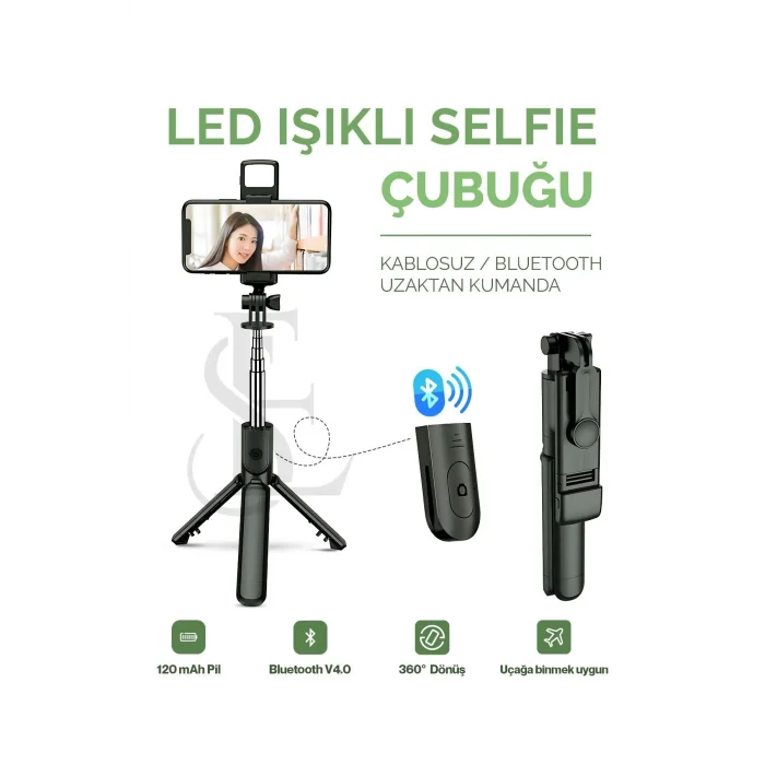 BUĞZ Led Işıklı Selfie Çubuğu Bluetooth Kumandalı Kablosuz Tripot Selfie Monopod Selfie Stick SİYAH
