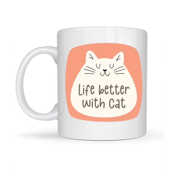 BUĞZ Life Better With Cat – Sevimli Kedi Tasarımlı Porselen Kupa MODEL 65 Kahve & Çay Kupası  Hediyelik Kupa