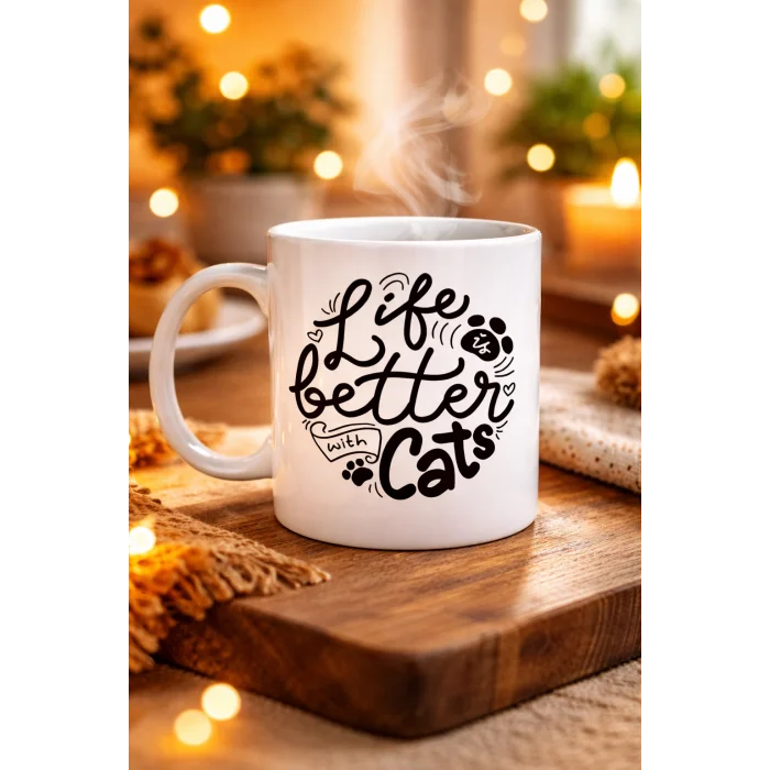 BUĞZ Life is Better With Cats – Kedi Severlere Özel Porselen Kupa MODEL 59 Sevimli Tasarım Hediyelik Kahve Kupası