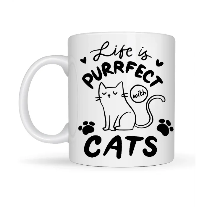 BUĞZ Life is Purrfect with Cats – Kedi Desenli Porselen Kupa MODEL 62 Sevimli Kedi Figürlü Kahve Kupası