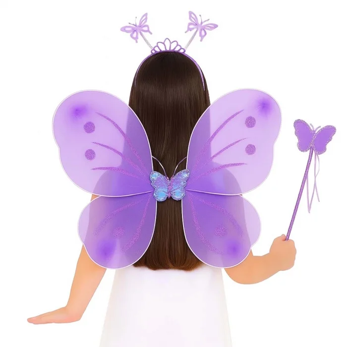  Lila Mor Kelebek Kız Seti – 50 cm Kelebek Kanadı, Taç ve Asa