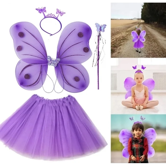 BUĞZ Lila Mor Kelebek Kostümü - Lila Mor Kelebek Kostüm Aksesuar Seti 4 Parça