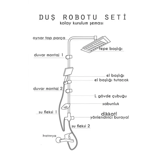 BUĞZ Lisinya Robot Tepe Duş Sistemi Yağmurlama Duş Seti Krom Siyah Kare ( BUĞZ )