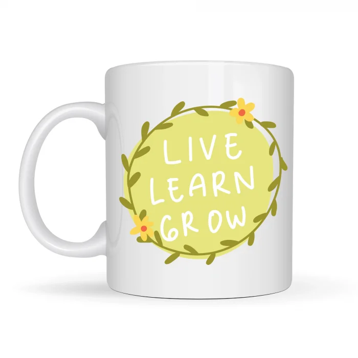 BUĞZ Live Learn Grow Motivasyon Kupası MODEL 133 – YAŞA , ÖĞREN , GELİŞ İlham Veren Tasarım, Porselen Kupa, Pozitif Mesajlı Kahve & Çay Kupası