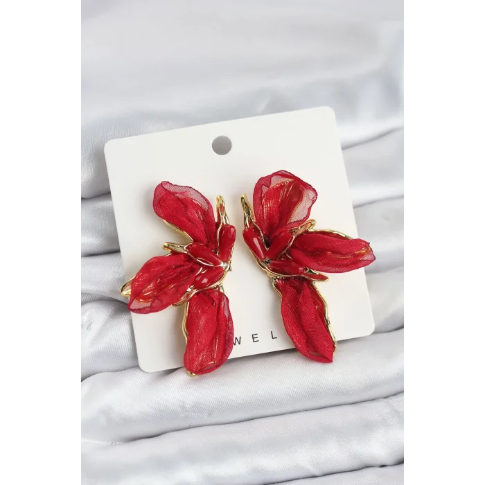 BUĞZ Lotus Model Kırmızı Renk Tüllü Kadın Küpe