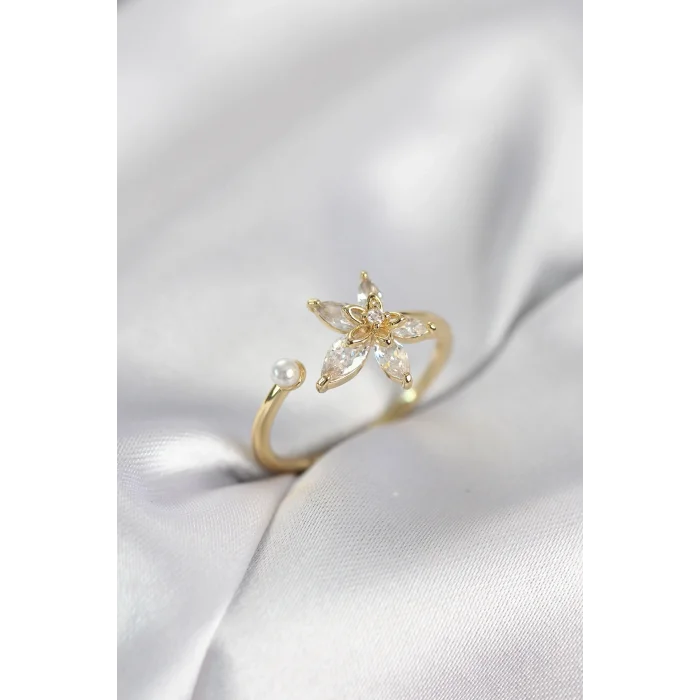 BUĞZ Lotus Model Zirkon Taşlı Gold Renk Kadın Yüzük
