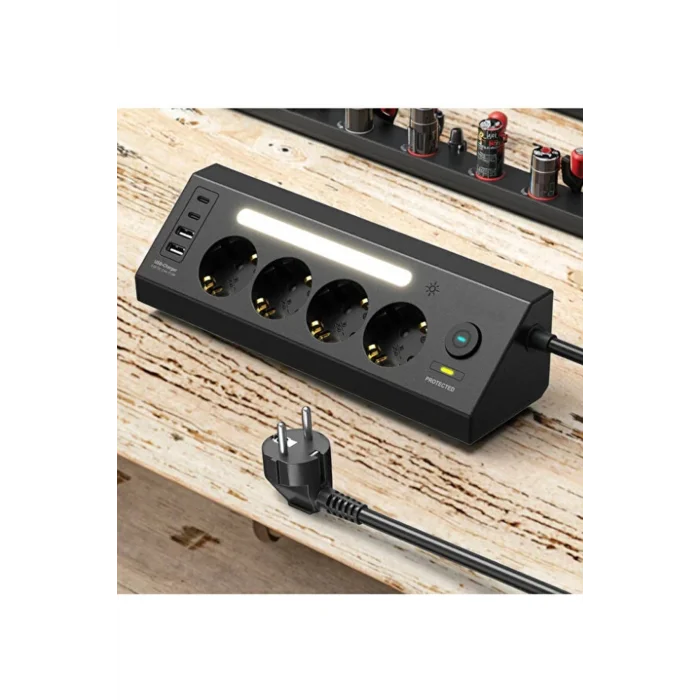 BUĞZ Lp764 Çoklu Gece Lambalı Priz Yüksek Gerilim Korumalı 4’lü Priz 2xusb 2xtype-c Çıkışlı Grup Priz Çoğaltıcı