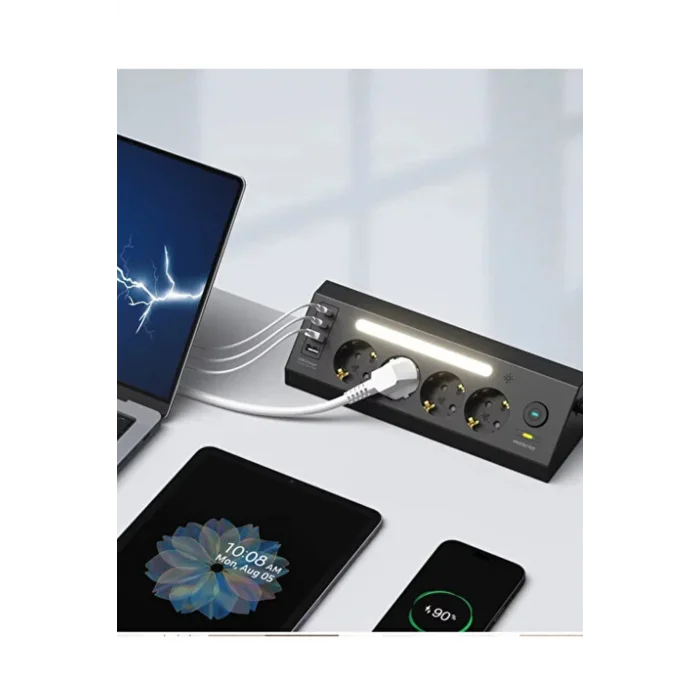 BUĞZ Lp764 Çoklu Gece Lambalı Priz Yüksek Gerilim Korumalı 4’lü Priz 2xusb 2xtype-c Çıkışlı Grup Priz Çoğaltıcı