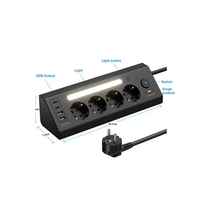 BUĞZ Lp764 Çoklu Gece Lambalı Priz Yüksek Gerilim Korumalı 4’lü Priz 2xusb 2xtype-c Çıkışlı Grup Priz Çoğaltıcı