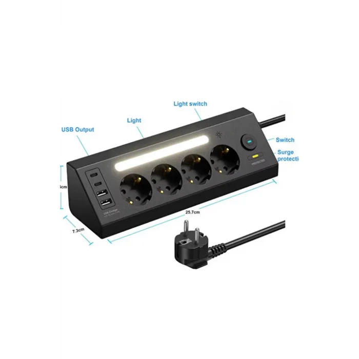 BUĞZ Lp764 Çoklu Gece Lambalı Priz Yüksek Gerilim Korumalı 4’lü Priz 2xusb 2xtype-c Çıkışlı Grup Priz Çoğaltıcı