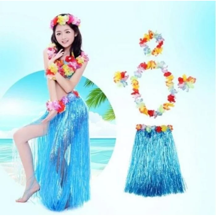 BUĞZ Luau Aloha Hawaii Partisi  Etek Taç ve Bileklik Seti Mavi