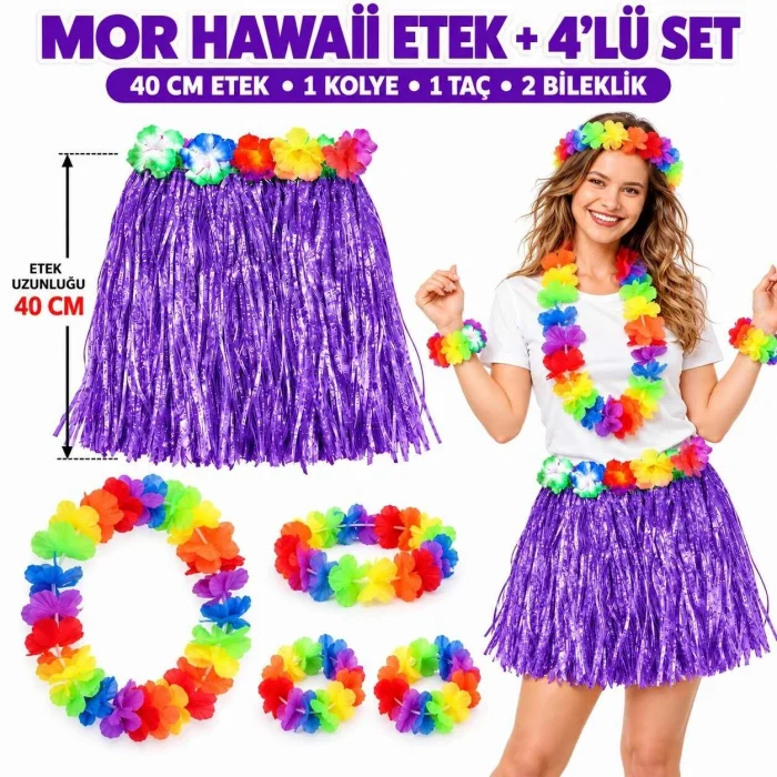 BUĞZ Luau Aloha Mor Hawaii Etek 40 Cm Ve 4’lü Hawaii Seti