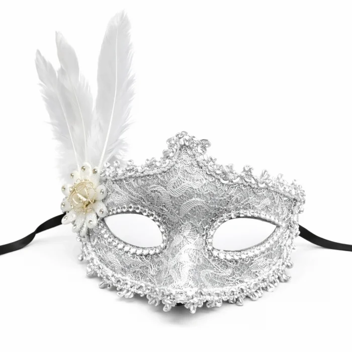 BUĞZ Lüks Beyaz Tüylü Venedik Maskesi – Taşlı Dantel Tasarım