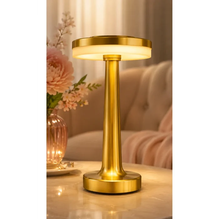 BUĞZ Lüks Gold Mantar Masa Lambası 3 Renk Modlu Kablosuz Şarjlı Dekoratif Metal Abajur