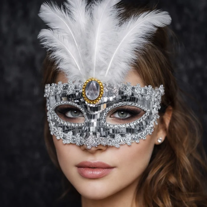 BUĞZ Lüks Gümüş Tüylü Taşlı Balo Maskesi